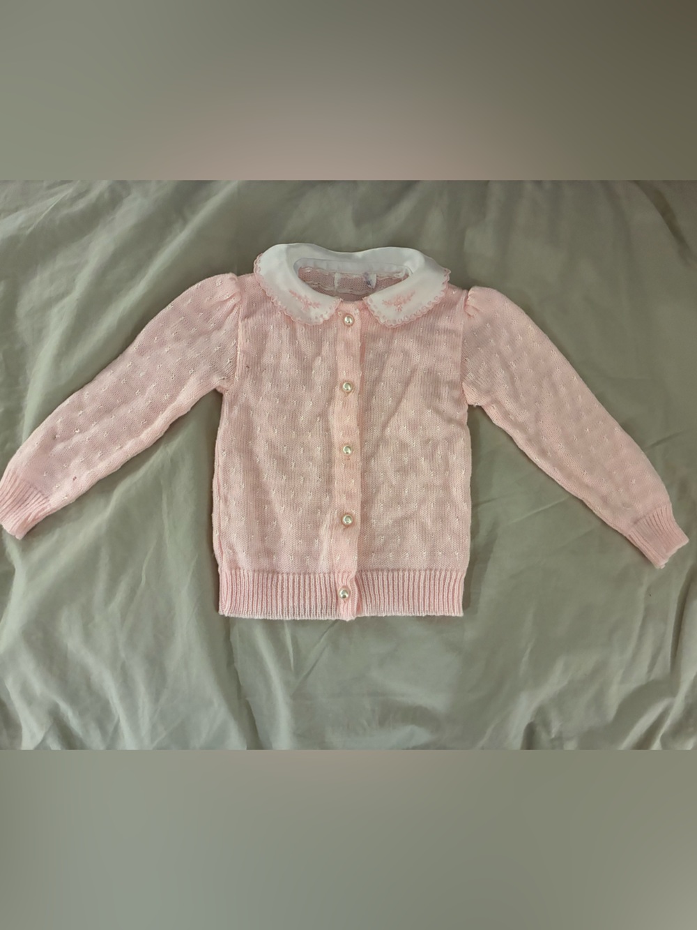 Vintage Peter Pan Embroidered Collar Pink Knit Cardigan Pearl Buttons 6-12 Month